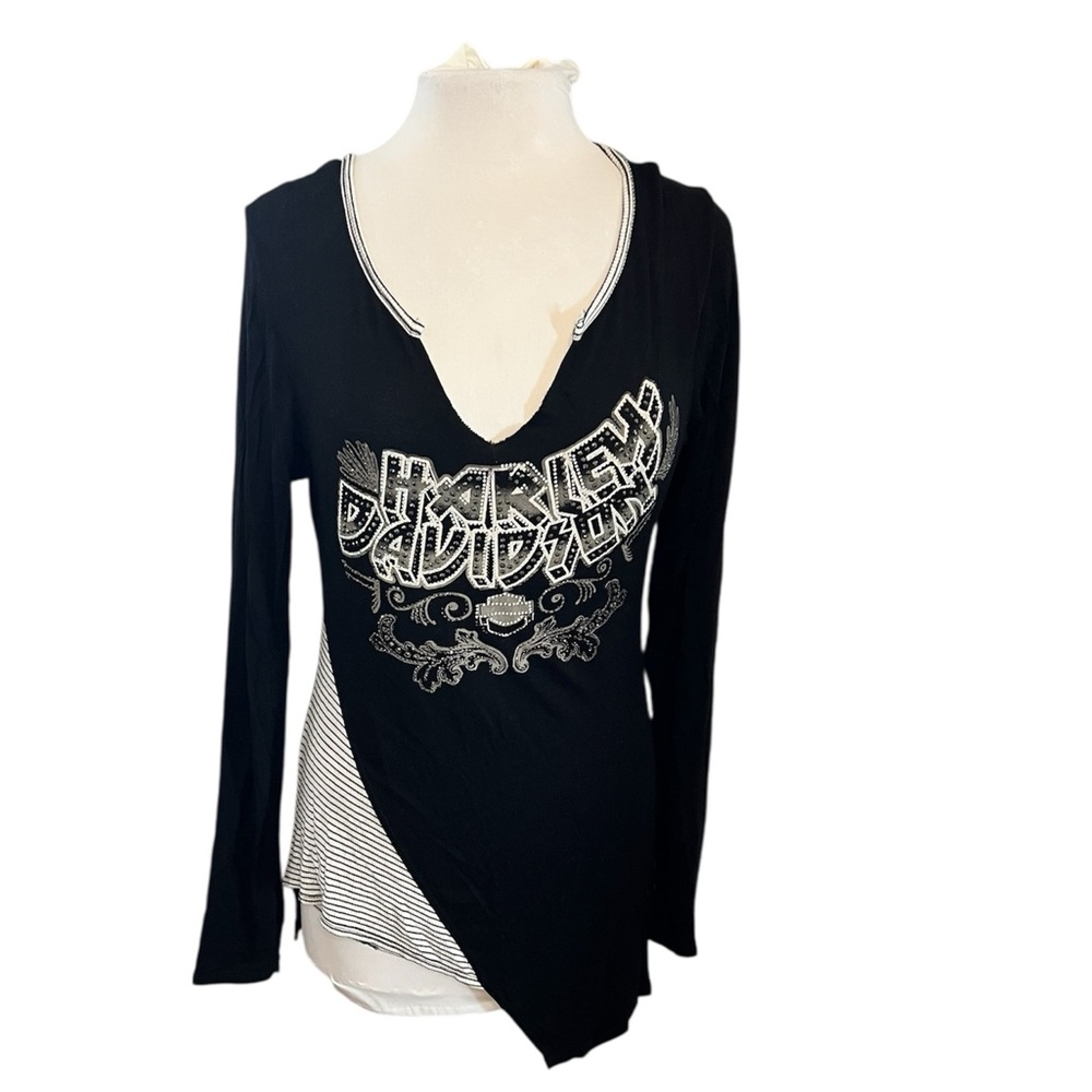 Harley Davidson Embellished Rhinestone Graphic High Low Long Sleeve - Medium